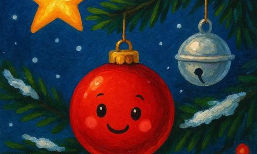 Una piccola palla di Natale rossa, brillante e sorridente, è sospesa a un ramo di abete verde scuro. Ha un'espressione gioiosa e curiosa, con riflessi scintillanti sulla sua superficie liscia. Accanto a lei, un piccolo campanello argentato, rotondo e luminoso, emette una dolce melodia, appeso allo stesso ramo. Sullo sfondo, una stella dorata, radiosa e accogliente, è posizionata su un altro ramo, illuminando dolcemente la scena. L'albero di Natale è coperto di neve bianca, con luci colorate che lampeggiano dolcemente. La scena principale mostra la palla di Natale rossa che si dondola leggermente nel vento, circondata dalle sue amiche decorazioni, sotto un cielo stellato e tranquillo.
