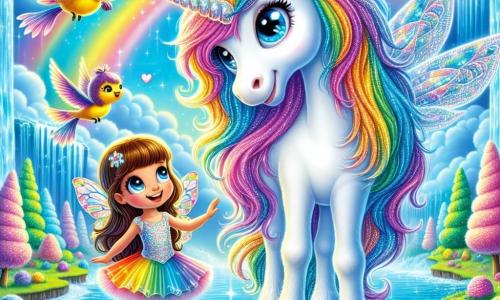 Una magnifica unicorno bianca, con una criniera scintillante arcobaleno, si erge orgogliosamente accanto a una cascata luccicante. I suoi grandi occhi brillanti esprimono curiosità e gioia. Accanto a lei, una bambina di 8 anni, di nome Lila, con capelli castani e ali di fata scintillanti, guarda l'unicorno con meraviglia. Indossa un vestito colorato e sembra pronta a volare. Un piccolo uccello dalle piume dorate, di nome Piumino, vola attorno a loro, cantando gioiosamente. Il luogo è un regno magico, con alberi di zucchero filato e nuvole soffici che fluttuano in un cielo blu intenso. La cascata, d'acqua cristallina, brilla sotto il sole, creando un arcobaleno sopra. La scena principale mostra Lila e l'unicorno che si preparano a scoprire la misteriosa fonte dei sogni, circondati da colori vivaci e magia, con un'atmosfera di gioia e avventura.
