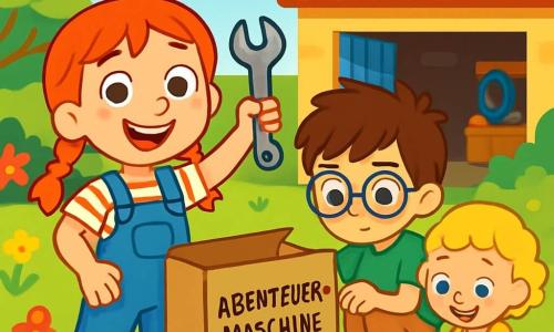 Ein 6-jähriges Mädchen, Lina, mit roten Zöpfen, lächelt mit funkelnden Augen vor Aufregung. Sie trägt eine blaue Latzhose und ein gestreiftes T-Shirt und hält einen Schraubenschlüssel in einer Hand, bereit, ihre Abenteuer-Maschine zu bauen. Neben ihr untersucht ihr bester Freund Tim, ein 6-jähriger Junge mit zerzausten braunen Haaren und runden Brillen, einen alten Karton mit einem konzentrierten Gesichtsausdruck. Ihre 4-jährige Schwester Mia, ein Mädchen mit lockigen blonden Haaren, spielt mit bunten Knöpfen, sitzt auf dem Gras und ist von verstreutem Spielzeug umgeben. Die Szenerie ist ein sonniger Garten, gefüllt mit leuchtenden Blumen und grünen Bäumen, mit einer alten Garage im Hintergrund, wo sie ihre Maschine bauen. Im Mittelpunkt des Bildes sind Lina und ihre Freunde in vollem Einsatz, umgeben von Bastelmaterialien, mit strahlenden Lächeln auf ihren Gesichtern, bereit für das Abenteuer.