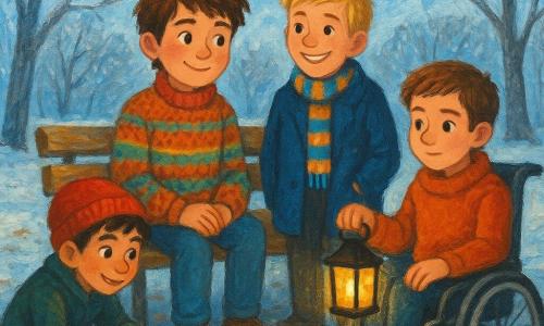 Há 4 crianças: - Um menino chamado Miguel, de 10 anos, com cabelos castanhos despenteados e bochechas avermelhadas pelo frio, vestindo um colete tricotado colorido, está sentado em um banco de parque. - Um menino chamado João, de 11 anos, com cabelos loiros curtos e um sorriso radiante, usando um cachecol listrado e um casaco azul, está em pé ao lado de Miguel. - Um menino chamado Tiago, de 10 anos, com cabelos pretos e olhos brilhantes, vestindo um gorro vermelho vivo, está agachado perto de um monte de folhas. - Um menino chamado Lucas, de 10 anos, com cabelos castanhos e um rosto concentrado, sentado em uma cadeira de rodas, segura uma lanterna que ilumina suavemente a cena. O local é um parque de inverno encantador, com árvores de troncos prateados e galhos nus, cobertos de geada cintilante. O chão está coberto de folhas secas e pequenas poças de água congeladas. O céu é de um azul pálido, pontilhado de nuvens brancas e fofas. A situação principal mostra as crianças reunidas em torno de um banco de madeira coberto de geada, compartilhando um momento caloroso. Uma luz suave emana da lanterna de Lucas, criando uma atmosfera acolhedora. As crianças trocam sorrisos e histórias, cercadas pela beleza tranquila do inverno.
