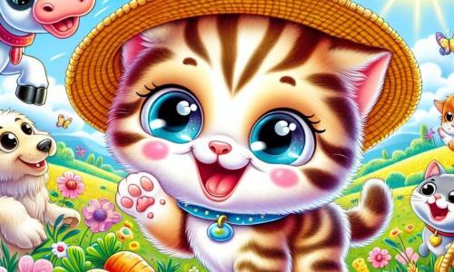 Un mic pisoiaș pe nume Miau, cu blană moale și dungi de culoare crem și brun, poartă o pălărie mare și colorată pe cap. Are ochi strălucitori de curiozitate și un zâmbet larg pe față, dansând vesel alături de prietenii săi. Lângă el, un câine jucăuș, Cățelușul, cu blană aurie și urechi căzute, râde sărind în jurul lui Miau, în timp ce o vacă pe nume Violeta, cu blană albă și neagră și ochi mari și blânzi, stă în fundal, păscând iarbă și privindu-i cu un zâmbet amuzat. Scena se desfășoară într-o fermă însorită, înconjurată de câmpuri verzi, cu flori colorate care dansează în vânt și un cer albastru strălucitor. În centrul atenției, Miau și prietenii săi sărbătoresc o petrecere veselă, dansând și râzând împreună, în timp ce o masă mare este plină cu morcovi și cereale, creând o atmosferă festivă și călduroasă.