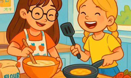 There are two main characters: - Lily: an 8-year-old girl with long brown hair and round glasses, wearing a strawberry-patterned apron. She is standing on the left, mixing pancake batter in a large bowl. - Mia: an 8-year-old girl with braided blonde hair and sparkling eyes, dressed in a yellow t-shirt and denim shorts. She is on the right, laughing while holding a spatula, ready to flip a pancake in the pan. The scene takes place in a bright and welcoming kitchen with pastel blue walls. A large window lets in sunlight, illuminating a wooden counter where colorful ingredients are laid out: a bag of flour, eggs, fresh fruits, and ceramic bowls. Children's drawings decorate the walls, adding a cheerful touch to the atmosphere. The main situation shows Lily and Mia preparing a surprise breakfast for Father's Day. Fluffy golden pancakes are stacked on a plate, with chocolate chips and blueberries scattered around them. The two girls are laughing, creating a joyful and playful atmosphere.