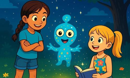 There are 3 characters: Maya: a 10-year-old girl with braided brown hair, wearing a blue t-shirt and denim shorts. She stands with her arms crossed, a curious smile on her face. Zoe: a 10-year-old girl with a blonde ponytail, dressed in a colorful floral dress. She sits on the grass, holding an open small book, her eyes shining with excitement. Pip: a small alien with a sparkling polka-dotted body and three round eyes. He floats slightly above the ground, his wobbly arms outstretched towards Maya and Zoe, with a joyful and friendly expression. The setting takes place in a nighttime garden illuminated by twinkling stars. The grass is vibrant green, dotted with small glowing flowers. In the background, a large tree with extended branches stands under the moon, casting dancing shadows on the ground. The sky is a deep blue, sprinkled with light, fluffy clouds. The main situation shows Maya and Zoe discovering Pip, the alien, who has just landed in their garden. The three characters are surrounded by small sparks of light and stardust, while Pip opens his shining pod, revealing a magical world inside. The girls are amazed, ready to embark on an incredible adventure together.