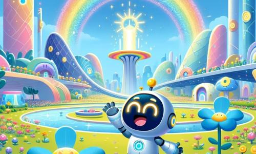 In einem futuristischen Park der Stadt Glitzerburg drückt ein kleiner Roboter namens Rudi mit seinem runden Körper und den leuchtenden Augen große Freude aus, als er einen wunderschönen Regenbogen entdeckt, der über ihm strahlt. Mit einem strahlenden Lächeln und erhobenen Armen feiert er seinen Triumph. In der Nähe bewundert eine schöne blaue Blume mit glitzernden Blütenblättern Rudi, ihre Augen funkeln vor Dankbarkeit, während sie sanft im Wind tanzt. Der Park ist gefüllt mit bunten, lebhaften Blumen und umgeben von futuristischen Gebäuden mit organischen Formen und funkelnden Lichtern, unter einem strahlend blauen Himmel. Die Hauptsituation zeigt Rudi, der die Wiedererscheinung des magischen Regenbogens feiert, umgeben von glücklichen Blumen, nachdem er die notwendigen Farben gesammelt hat, um ihn erneut zum Leuchten zu bringen.
