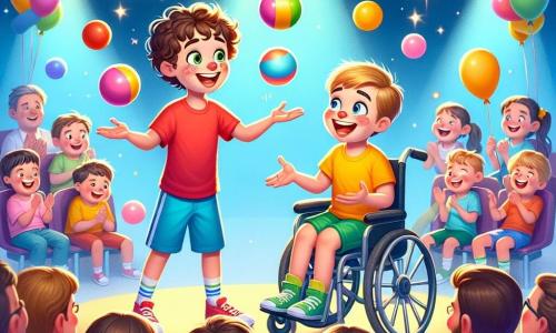 There are two main characters: Max, a 10-year-old boy with curly brown hair, wearing a red t-shirt and blue shorts, joyfully juggling colorful balls. Next to him is Leo, a 10-year-old boy with a big smile, sitting in his wheelchair, dressed in a yellow t-shirt and green pants, enthusiastically telling a story with hand gestures. The scene takes place on a school stage, decorated with colorful garlands and floating balloons, with parents and classmates sitting in the audience, applauding and laughing. The lights twinkle above them, creating a festive and warm atmosphere. The main situation shows Max juggling while encouraging Leo, who, with a big smile, tells a funny story about a squirrel named Nutty, captivating all the spectators with his energy and creativity.