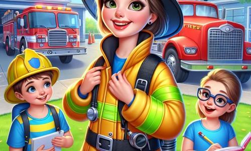 In the center of the image, firefighter Captain Mia Turner stands proudly next to a large bright red fire truck. She wears a shiny yellow suit, a black helmet, and a warm smile, showing her determination and joy. Her eyes sparkle with excitement as she explains something to the children. To her right, an 8-year-old boy, Sam, wears a plastic helmet and a blue t-shirt. He laughs while trying to put on a large firefighter jacket, his eyes wide with fascination. Next to him, a 6-year-old girl, Lily, writes notes in a small pink notebook, her glasses slipping down her nose, with a focused expression. The setting is the garden of a fire station, with green trees in the background and a clear blue sky. The fire truck shines in the sun, and colorful fire safety posters are hung on the station walls. The scene shows Captain Mia demonstrating to the children how to use a fire hose, with water spraying in a sparkling arc. The children laugh and marvel, filled with enthusiasm and curiosity.