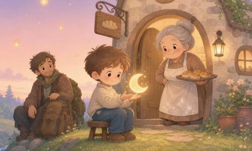 A 6-year-old boy, Milo, watches a moon-shaped lantern floating above his hands with a gentle, focused expression while sitting on a small wooden stool; a smiling, round baker in her 50s, Mrs. Humming, in a flour-dusted apron holds a tray of steaming rolls to his right and watches tenderly from the bakery doorway; a traveler in his 30s sits slightly back with a rumpled coat and backpack, hand on his bag, calm and curious; the scene is a small stone bakery on a rounded hill with rounded windows and a wooden sign, a blue stream below, green grass with pale flowers, and a pastel twilight sky dotted with floating lanterns, creating a warm, softly lit, centered composition with calm, benevolent expressions.