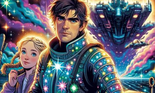 A man, Zarek Starling, stands at the center of the scene, with messy brown hair and determined sparkling eyes. He wears a shiny spacesuit adorned with star patterns, and his face shows intense concentration and a glimmer of hope. Beside him, a young girl, Lyra, around 14 years old with braided blonde hair and an encouraging smile, adjusts the controls of their spaceship, the Astral Gale, which shines under the starlight. The backdrop is a vast colorful nebula, with luminous gas clouds in shades of blue, purple, and pink, creating a magical and mysterious atmosphere. Sparkling star bursts shine through the cosmic fog, while a massive battleship, the Ark of Aether, looms in the background, with gleaming weapons and magical runes engraved on its surface. The main situation shows Zarek and Lyra in battle, surrounded by threatening technomancer ships, as they try to protect the Crucible of Stars, a floating luminous sphere symbolizing the unity of technology and magic. The vibrant energy of the scene evokes a sense of adventure and courage in the face of the unknown.