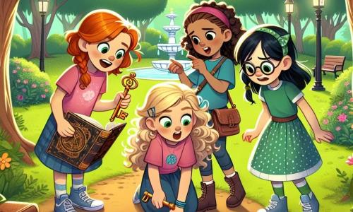 Four girls, around 10 years old, stand in the center of a sunny park. Emma, with curly brown hair and a pink t-shirt, excitedly looks at an old map she holds. To her right, Mia, with braided blonde hair and a blue polka dot dress, points at a mysterious symbol on the map. On the left, Sophie, with black hair and round glasses, struggles with a heavy book of rituals, while Lily, with red hair and a green t-shirt, examines a shiny key in her hand. The park is lush with greenery, featuring large trees, a winding path lined with colorful flowers, and a majestic oak where the girls have gathered. They are investigating a hidden treasure, their faces lit with excitement and curiosity as they study the map and discuss their next move.