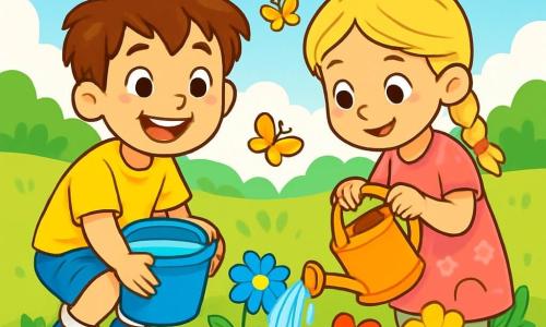 A 6-year-old boy, Leo, with messy brown hair and a big joyful smile, is crouched in a sunny garden holding a blue bucket filled with water. He wears a bright yellow t-shirt and denim shorts, and his eyes shine with excitement. Next to him is his best friend Mia, a 6-year-old girl with braided blonde hair and a pink floral dress, helping him water colorful flowers that are starting to perk up. The garden is filled with vibrant flowers of all colors, with butterflies flying around, and a clear blue sky dotted with a few white clouds. Focused and happy, Leo and Mia are pouring water on the flowers, showing their determination to save them and care for nature.