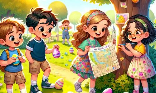 In un parco soleggiato, quattro bambini sono riuniti per una caccia alle uova di Pasqua. Luca, un ragazzo di dieci anni con capelli castani e occhi vivaci, mostra una mappa del tesoro ai suoi amici. Sara, una ragazza di nove anni con lunghi capelli biondi e occhiali rotondi, è accovacciata mentre dipinge un uovo di rosa. Marco, un ragazzo di dieci anni con capelli neri e lentiggini, sta arrampicandosi su un albero ridendo mentre cerca uova nascoste. Giulia, una ragazza di otto anni con capelli castani ricci e un cerchietto colorato, tiene in mano un uovo decorato a forma di drago. Il parco è pieno di fiori vivaci e alberi verdi, con un cielo azzurro punteggiato di nuvole bianche. I bambini corrono e ridono, cercando uova colorate, creando un'atmosfera gioiosa e festosa di Pasqua.