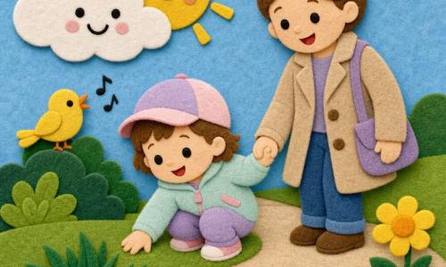 Dwuletnia dziewczynka radosna, krótkie brązowe włosy, w pastelowej lekkiej kurtce i czapeczce dotyka trawy; mama około 30 lat, uśmiechnięta, włosy w kok, lekki płaszcz, trzyma córkę za rękę stojąc nieco z tyłu przy ścieżce; mały żółty ptaszek na krzaku po lewej śpiewa; duża miękka biała chmura na bladej niebieskiej niebie z promieniem słońca; jasna ziemna ścieżka obramowana zieloną trawą, błyszcząca kałuża odbijająca niebo i prosta żółta kwiatuszka po prawej; styl: wycięte z filcu formy, żywe kontrastowe kolory, wyraźne kontury, widoczne faktury, czytelna kompozycja dla niemowląt, zbliżenia postaci, łagodna wiosenna atmosfera.