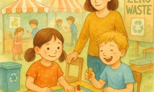 Zosia, 6 lat, okrągła twarz z piegami, brązowe kucyki, uśmiechnięta i dumna, pokazuje kolorowe pudełko z grą położone na niskim stoliku; Jaś, ok. 7 lat, blond potargany, w dżinsach, śmieje się trzymając drewniany pionek, siedzi po prawej stronie Zosi; matka ~35 lat stoi za stołem, kasztanowe włosy, dłonie na oparciu krzesła, wyraz twarzy łagodny i zachęcający; wokół inne dzieci (5–8 lat) przy stoiskach, widać ławki, stosy książek i ciasta; kermesz szkolny na świeżym powietrzu pod kolorowymi girlandami, pręgowane namioty, malowane banery i duże plakaty „zero waste” na kartonie; główna scena: dzieci grają w grę Zosi, by uczyć się segregacji odpadów i gaszenia świateł — obok stolika niebieski kosz na recykling i zielony kosz, ilustrowane karty z jabłkiem, żarówką i rośliną oraz wymiana kart; miękka akwarelowa paleta (delikatne zielenie, ciepłe żółcie, blady róż i błękit nieba), widoczne pociągnięcia pędzla, radosna, świetlista atmosfera.