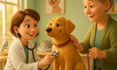 A smiling, kind veterinarian with short brown hair and a clean white coat kneels and gently listens to a medium-sized golden dog named Daisy with a stethoscope while the dog sits on the exam table wagging her tail; Mrs. Green, a 40–45-year-old woman with light gray hair in a bun, stands to the vet's right holding the leash and ready to pet the dog; a small gray tabby kitten sleeps wrapped in a soft blanket on a shelf behind the table; a blue-and-yellow bird sits calmly on a perch in a small cage on the counter. The bright veterinary clinic has pastel green walls, large morning-lit windows, light wood furniture, a drawn-animal poster, and neatly arranged jars and supplies. The scene conveys gentle examination, warmth, safety, soft light, warm colors, and welcoming textures.