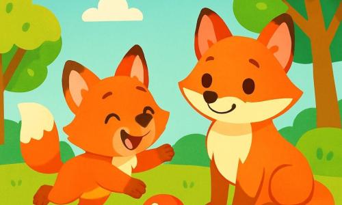 A cute and joyful fox with bright orange fur and a bushy tail is happily running after a shiny red ball rolling on the green grass. Next to him, his mother, a gentle vixen with affectionate eyes and slightly lighter fur, smiles while encouraging him, her paws resting on the grass. They are in a sunny park surrounded by trees with vibrant leaves and colorful flowers dancing in the wind. The scene shows the fox happily jumping to catch the ball, while his mother watches him with pride, creating an atmosphere of happiness and companionship.