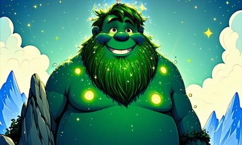 Um gigante chamado Gigi, com uma grande silhueta suave e olhos brilhantes de curiosidade, está no topo de uma montanha brilhante. Ele tem pele verde suave, cabelos bagunçados como nuvens e um grande sorriso no rosto, expressando maravilha e alegria. Ao seu lado, uma pequena fada chamada Lili, com asas cintilantes e cabelos dourados, voa ao seu redor. Ela tem um rosto alegre e usa um vestido feito de pétalas de flores. Lili aponta para a magnífica Estrella de Luz, que brilha intensamente no topo da montanha. O cenário é uma paisagem mágica, com nuvens fofas abaixo, árvores coloridas dançando ao vento e um céu azul vibrante salpicado de estrelas cintilantes. A situação principal mostra Gigi, o gigante, maravilhado com a beleza da Estrella de Luz, enquanto Lili o encoraja a tocá-la para quebrar o encantamento.