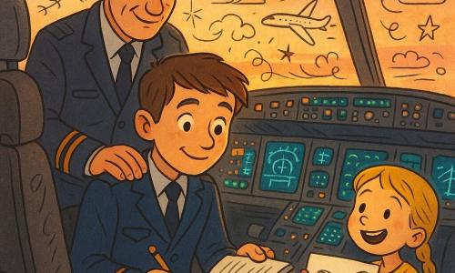 Primo ufficiale: giovane copilota sorridente e calmo, capelli castani corti, giacca da pilota blu scuro con mostrine, tiene un manuale aperto e una matita, seduto nel cockpit rivolto agli strumenti; capitano: uomo sui 50 anni, capelli brizzolati, volto rugoso e benevolo, in uniforme scura, in piedi dietro il copilota con una mano di incoraggiamento sulla spalla; bambina di circa 6 anni: capelli biondi intrecciati, vestito giallo, alla porta della cabina porge un disegno d'aereo sorridendo; ambientazione: interno dettagliato di cockpit con pulsanti illuminati e schermi verdi/blu, grandi finestroni su un tramonto rosa-arancione e piste illuminate, sedili in pelle; situazione: atterraggio morbido appena avvenuto, atmosfera calda e rassicurante, luce dorata del crepuscolo e piccoli doodle (nuvole, aerei, stelle) sovrapposti intorno ai personaggi.