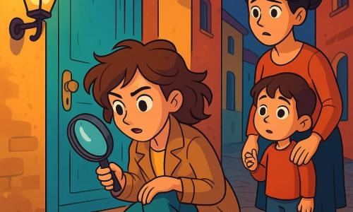 Clara, una giovane detective, ha i capelli castani in disordine e tiene una lente d'ingrandimento in una mano. Il suo viso esprime curiosità e determinazione, con occhi brillanti d'intelligenza. È accovacciata davanti a una vecchia porta colorata di turchese, esaminando una piccola impronta di fango sul pavimento. Accanto a lei c'è Samira, una madre di circa 30 anni, con i capelli neri raccolti in uno chignon e uno sguardo preoccupato. Tiene la mano di suo figlio, un bambino di 6 anni, che guarda la porta con occhi grandi, affascinato e un po' spaventato. Il luogo è una strada lastricata di una piccola città, con case antiche dalle facciate colorate e lanterne che illuminano dolcemente la scena. Ombre danzano sui muri, creando un'atmosfera misteriosa. La situazione principale mostra Clara mentre indaga su un rumore strano proveniente dalla casa, mentre Samira e suo figlio la osservano, intrigati e preoccupati. Clara si concentra sul pavimento, pronta a scoprire il segreto nascosto dietro la porta.
