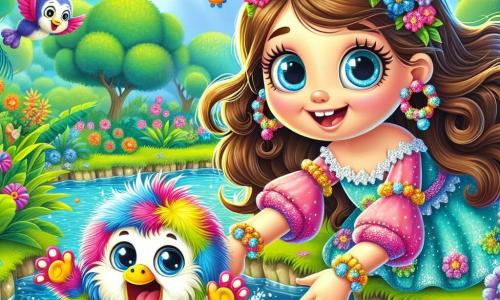 La principessa Isabella, una ragazza di circa 10 anni, ha lunghi capelli castani ondulati e occhi azzurri pieni di curiosità. Indossa un abito colorato decorato con fiori e sorride gioiosamente, con le braccia aperte, pronta ad affrontare una nuova avventura. Accanto a lei c'è Bobo, un Giggolo birichino, con un pelo soffice e colorato, che sembra ridere a crepapelle, con le braccia alzate, come se avesse appena fatto uno scherzo. La scena si svolge accanto a un laghetto scintillante, circondato da palme verdi e fiori melodiosi, sotto un cielo blu splendente. Pesci colorati nuotano nell'acqua cristallina, mentre uccelli dalle piume arcobaleno volano gioiosamente intorno a loro. Isabella e Bobo stanno tirando insieme una enorme banana bloccata sotto un cespuglio, ridendo mentre cercano di estrarla, creando un'atmosfera di gioia e amicizia in questo regno incantato.