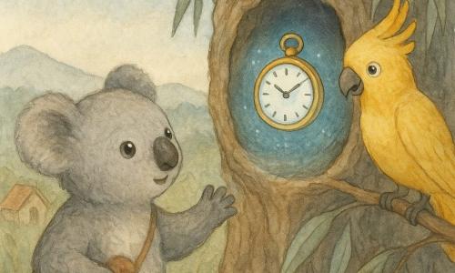 Kiki Koala, ein kleiner grauer Koala mit glänzenden runden Augen, ist neugierig und hält eine braune Stofftasche mit einem Kiesel mit sternförmigem Fleck, während er die Hand in eine Baumhöhle ausstreckt; darin schwebt eine kleine polierte Messinguhr, lebendig wirkend und blassblau leuchtend über einem Lichtring, nebenan sitzt ein gelber Kakadu auf einem Ast und beobachtet, alles vor einem großen Eukalyptus mit silbrigem Laub, entfernten Holzdächern und nebligen Hügeln unter sanftem Morgenhimmel — in der Höhle öffnet die Uhr ein kreisrundes blaues Zeitportal, das feine Funken sprüht, in Pastellfarben mit weichen Kontrasten und aquarellartigen Pinselstrichen dargestellt.