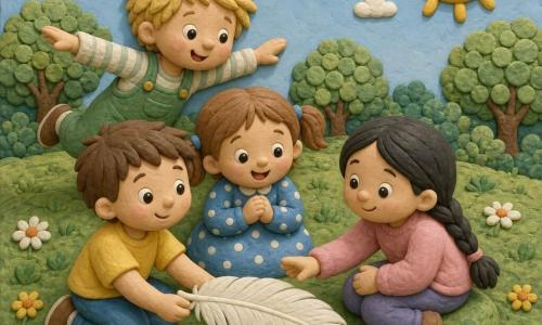 Quattro bambini: Leo, circa 6 anni, bambino dai capelli castani corti e occhi vivaci, maglietta gialla, tiene una grande piuma bianca nella mano sinistra, posto a sinistra del gruppo; Mia, circa 5 anni, bambina con capelli castano chiaro in codini, vestito blu a pois bianchi, mani giunte, sorride e sta a destra di Leo, leggermente in avanti; Tommi, circa 6 anni, bambino con capelli biondi arruffati e salopette verde, salta sulle punte come una piccola gabbiana, dietro Leo e Mia leggermente a sinistra; Sara, circa 5 anni, bambina con capelli neri lunghi treccia, maglione rosa, seduta su un piccolo cuscino d'erba e porge la mano verso la piuma a destra del gruppo. Ambiente: grande prato morbido come una coperta con erba modellata e piccole margherite bianche e gialle, sullo sfondo un boschetto di alberi con foglie a dischetti verdi e cielo azzurro pallido con un sole tondo sorridente in alto a destra, ombre morbide sotto i bambini e tracce tattili. Situazione: i quattro si raccolgono attorno a una grande piuma bianca al centro toccandola delicatamente, atmosfera calma e calorosa, gesti semplici, composizione centrata, colori pastello e texture visibili di pasta modellabile.