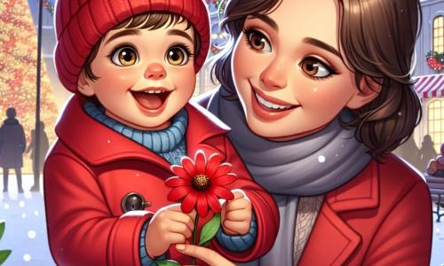 Un niño pequeño de 1 año, Lucas, con grandes ojos brillantes y mejillas rosadas, lleva un abrigo rojo brillante y un pequeño gorro de lana. Sonríe con asombro mientras sostiene una hermosa flor roja en sus pequeñas manos. A su lado, su mamá, una mujer de unos treinta años con largos cabellos castaños y una sonrisa cálida, está de rodillas, con los brazos abiertos, lista para recibir a su hijo. La escena transcurre en una ciudad festiva, con luces brillantes colgadas de los árboles y copos de nieve cayendo suavemente del cielo. Al fondo, se puede ver un gran árbol de Navidad decorado, iluminado por guirnaldas de colores. Lucas, emocionado, acaba de recoger la flor roja que encontró para sorprender a su mamá y está a punto de mostrarle su precioso regalo.