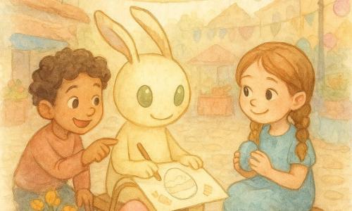 Lumo, pequena criatura fantástica parecida com uma lanterna, pele creme luminosa, olhos oliva brilhantes e grandes orelhas móveis, está sereno e orgulhoso, sentado num degrau com um cesto de vime e desenhando num bloco no colo; Rita, menina de tranças castanhas claras, sorri admirada segurando um pequeno ovo azul; Tomás, menino de cabelos encaracolados, aponta entusiasmado para um canto do desenho sugerindo uma ideia; no cesto há um ovo falante pintado rosa e verde com rosto sorridente e brilho sutil; cenário: praça de vila após caça aos ovos com bancas, toalhas coloridas, guirlandas e flores, atmosfera calorosa e luminosa, Lumo termina um grande ovo no desenho rodeado de orelhas e pequenas pegadas em forma de cenoura, estilo aguarela suave em cores pastéis e traços delicados.