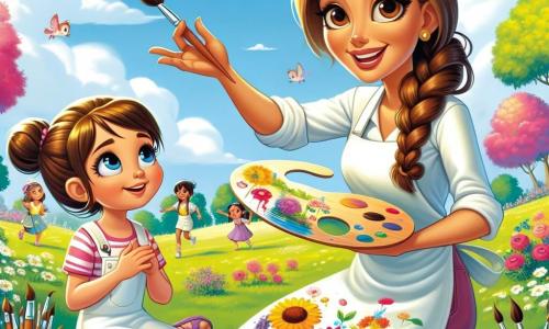 O artistă, Maria, se află în centrul imaginii, zâmbind cald, cu ochii strălucind de pasiune. Poartă o salopetă albă, pătată cu vopsea colorată, și ține o paletă mare într-o mână, în timp ce cu cealaltă ghidează o fetiță. Lângă ea, Ana, o fetiță de 8 ani cu părul brun și codițe, privește cu uimire pânza pe care o pictează. Este așezată pe iarbă, înconjurată de pensule și borcane cu vopsea, iar fața ei radiază de bucurie și concentrare. Decorul este un parc însorit, cu copaci înfloriți, păsări cântând în crengi și un cer albastru cu nori albi pufoși. Copiii se joacă în fundal, adăugând o atmosferă veselă scenei. Maria le explică copiilor cum să amestece culorile pentru a crea o frumoasă pictură a naturii, în timp ce Ana, plină de entuziasm, încearcă să reproducă un câmp de flori roșii pe pânza ei.