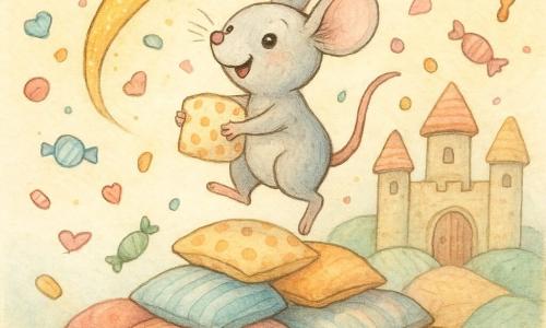 Mik de muis, lichtgrijs met grote ronde oren en glanzende ogen, glimlacht terwijl hij een stippenkussentje vasthoudt en in een stapel kleurrijke kussens springt; een dansende glinsterende pijl met een glimlach draait boven hem als een vriendelijke gids; op de achtergrond een gigantisch kasteel van gestapelde kussens in strepen, stippen en fluweel met een genaaid deurtje en ronde stoffen ramen; snoepkussentjes en kleine zoete pijltjes dwarrelen als kleurrijke regen; sfeer vrolijk en zacht met verzadigde pasteltinten, zichtbare stoftexturen en lichte schaduwen.