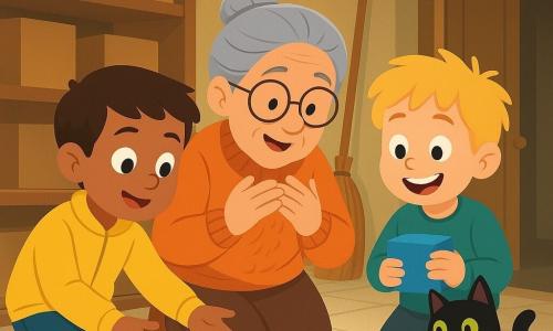 Há 4 personagens: Tomás, 5 anos, cabelo castanho curto, olhos curiosos, casaco amarelo, joelheiras azuis, ajoelhado à frente à esquerda, estendendo a mão para uma pequena carteira marrom no chão; Benjamim, 5 anos, cabelo loiro despenteado, sorriso largo, segura uma caixinha azul junto ao peito, ao lado de Tomás, olhando a carteira com excitação; Avó Lina, cerca de 70 anos, cabelo grisalho apanhado, óculos redondos, suéter laranja, agachada atrás das crianças com as mãos no peito, aliviada e emocionada; e o gato Sultão, pelagem preta brilhante, olhos verdes, mancha branca no peito, sentado perto da carteira com a cauda levantada. Local: arrecadação luminosa e acolhedora com prateleiras de madeira, caixas de papelão empilhadas, uma vassoura encostada, lâmpada amarela pendente que cria sombras suaves, chão de azulejo claro e porta aberta deixando entrar uma faixa de luz. Situação: as crianças reencontraram a pequena carteira marrom com uma estrela dourada entre caixas; cena de descoberta e alívio, rostos expressivos, composição próxima, cores quentes, contrastes suaves, estilo vetorial de traços simples e contornos fortes, ambiente alegre e tranquilizador.