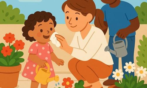 Fetiță de 2 ani, zâmbitoare și fascinată, părul scurt șaten buclat, rochiță roz cu buline albe, desculță, udă încet florile cu un mic stropitor galben; mama (~30 ani), blândă, păr șaten prins în coadă, cămașă deschisă, ghemuită lângă ea îi șterge ușor gura cu un șervețel; tata (~35 ani), zâmbitor, în tricou albastru și jeans, ține un mic stropitor metalic și supraveghează; terasă însorită cu dale de piatră, ghivece colorate cu mușcate roșii și margarete albe, jardiniță de lemn, cer senin cu câțiva nori, atmosferă caldă, luminoasă, stil vectorial simplu, potrivit pentru copii.