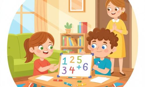 An 8-year-old boy with a round face, curly brown hair, blue eyes and a shy determined smile holds a blue marker and writes numbers on a small whiteboard on a low table; an 8-year-old girl (Mia) with straight chestnut hair in a ponytail, green eyes and a joyful encouraging expression stands to his left, pointing to a colorful addition on the board; an adult woman (Mrs. Thompson), about 30–40, in a yellow dress with light brown tied hair watches kindly from the background near an open door with her hands clasped; warm living room with an apple-green sofa, orange-and-blue geometric rug, low bookshelf with colorful books, soft light from a window and a light wood table with markers and scattered papers; friendly playful study session as the children solve additions together, reassuring lively atmosphere, bright colors, simple shapes and clean lines; flat vector graphic style with flat contrasting palettes, minimal shadows, thick strokes and clean outlines, clear composition centered on the board and expressive faces.