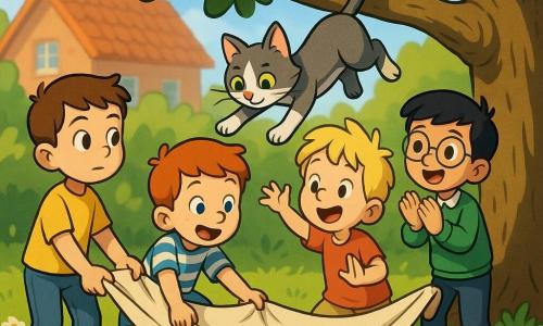 Four children: Tom (6), short brown hair, yellow T-shirt and blue jeans, left holding an open blanket; Sam (5), messy blond hair, light red shirt and beige shorts, front right waving the blanket and calling the cat; Ben (7), side-parted black hair, round glasses, green sweater, right slightly back applauding and smiling; Max (5), red hair, muddy knee, blue-and-white striped T-shirt, crouched front left ready to catch; sunny garden with green lawn, daisies and pink tulips, an old tree with a low branch and a blurred red-brick house in the background; a gray-and-white cat with green eyes mid-jump from the branch toward the blanket, curious expression and tail up.