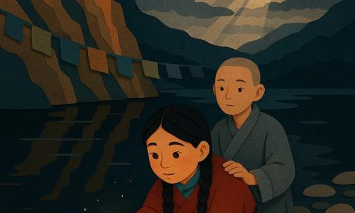 A Tibetan girl with a round face and braided black hair kneels at the edge of a mountain lake at dusk, holding a small golden solar-seal disc toward the black mirror water as a warm halo of concentric light, rings and a thin shimmering mist form where it touches; behind her a calm, protective young novice monk (12–14) in a grey-blue robe and shaved head stands with a hand ready on her shoulder, cliffs striated ochre and blue, faded prayer flags overhead, a few glossy stepping stones, post-storm sky with a sunbeam and golden reflections, paper-cut layered texture, saturated colors and crisp outlines capturing the delicate release and their silent complicity.