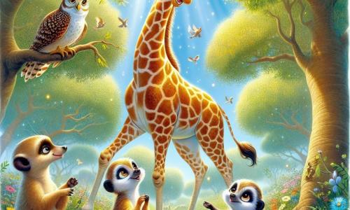 A majestic giraffe, Giselle, stands at the center of the scene, her long neck stretching towards the blue sky. Her coat is sprinkled with golden spots, and her large eyes shine with wonder and curiosity. She smiles with a joyful and determined expression, ready to help her friends. Beside her, Boris, a small meerkat with sparkling eyes, stands on his hind legs, raising a paw as if pointing to something exciting. Felicity, a wise owl with brown and white feathers, perches on a branch above, watching with a kind and attentive gaze. The setting is an enchanted clearing surrounded by trees with shiny leaves shimmering in the sunlight, with colorful flowers dancing in the breeze. In the center, a small stream gently murmurs, adding a touch of magic to the environment. In this scene, Giselle listens attentively to the whispers of the leaves, ready to discover a hidden secret in the forest while her friends cheer her on enthusiastically.