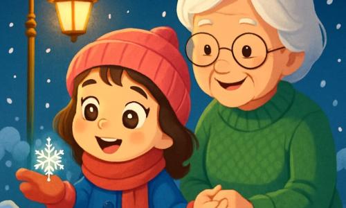 A 6-year-old girl, Maya, with big bright eyes and rosy cheeks, is enchanted as she holds a sparkling snowflake on her red mitten. She wears a blue wool coat and a soft red scarf, with her curly brown hair falling beneath her hat. Beside her, her grandmother, an elderly woman with silver hair and a warm smile, is dressed in a green knitted sweater, tenderly holding Maya's hand. The scene takes place under a golden streetlamp, illuminating the freshly fallen snow that sparkles like diamonds. Snowflakes dance in the air, creating a magical atmosphere. Maya and her grandmother stand in a snowy garden, surrounded by snow-covered bushes, while a starry sky stretches above them. The main focus shows Maya and her grandmother awed by the beauty of the gently falling snowflakes, with a small sparkling flake resting delicately on Maya's mitten, symbolizing the magic of Christmas.