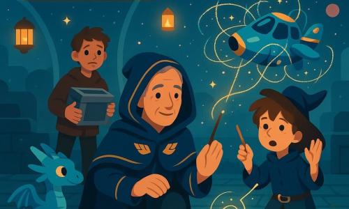 A calm, kind Captain Rowan with gently lined face, short gray hair and a dark blue coat with gold insignia and hood kneels on mossy paving, smiling slightly as he waves a thin wand that traces glowing runes; to his right a nervous but focused 12-year-old apprentice boy with tousled brown hair and an oversized wizard hat stands with raised hands guiding a small blue-and-gold enchanted ship with his wand; slightly behind and left, an worried 11-year-old apprentice boy holds a shining crate and watches the ship; a cat-sized silver-blue dragon with sparkling scales sits on a crate near Rowan’s feet, curious with pointed ears; the scene is on Dock Three of a starport with blue-mossed cobbles, transparent domes revealing a starry sky with pink planets and comets, floating lanterns like fireflies and small glowing 