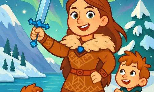 Freya, a young woman with chestnut hair and sparkling eyes like frozen lakes, stands proudly at the edge of a fjord, her face lit by a determined smile. She wears a fur tunic adorned with Nordic patterns and holds the magnificent sword of Skadi, its blade shimmering under the Northern Lights. Beside her, Bjorn, a boy with tousled hair and rosy cheeks, watches her with admiration, his eyes shining with excitement. He wears a wool tunic and leather boots, seeming ready to encourage her in her challenge. The enchanting landscape features snow-capped mountains in the background, while snow-laden fir trees line the fjord. The sky is illuminated by waves of Northern Lights in shades of green and purple, creating a magical atmosphere. The scene depicts Freya challenging a southern warrior in a race across the ice, a mix of tension and courage in the air as the community watches them with hope and admiration.