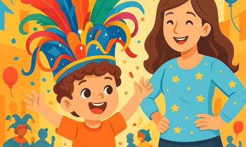 A 4-year-old boy, Tommy, with curly hair and sparkling eyes, wears a large carnival hat filled with colorful feathers and shiny ribbons. He dances with a big smile on his face, arms raised to the sky, surrounded by bright colors. Next to him, his mom, a woman in her thirties with long hair and a star-patterned blouse, looks at him tenderly, hands on her hips, laughing. In the background, a lively street is decorated with red, blue, and yellow balloons, with flags fluttering in the wind, while people in colorful costumes dance and have fun. The scene captures Tommy and his mom at the heart of a joyful carnival, where music resonates and laughter fills the air, creating a festive and magical atmosphere.