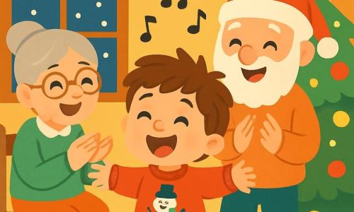 Um menino de 2 anos, com cabelos castanhos bagunçados e olhos brilhantes de alegria, usa um suéter vermelho com um boneco de neve. Ele sorri amplamente, com os braços abertos, cantando no meio de um grupo de pessoas. Ao lado dele, uma avó de cabelos grisalhos e óculos redondos, vestindo um suéter verde, aplaude com um grande sorriso, sentada em uma cadeira de madeira. Um avô, com barba branca e um gorro de Natal, está de pé, batendo palmas em ritmo, logo atrás do menino. O local é uma casa acolhedora, decorada com luzes cintilantes e uma grande árvore de Natal cheia de bolas coloridas. Flocos de neve caem suavemente do lado de fora, criando uma atmosfera mágica. A cena mostra o menino envolvendo os avós em uma alegre canção de Natal, repleta de risos e felicidade.