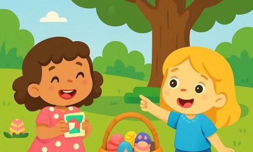 Há 2 personagens principais: Maria, uma menina de 5 anos com cabelos castanhos e cacheados, vestindo um vestido rosa com bolinhas brancas, alegre e segurando um papel colorido; e Ana, uma menina de 5 anos com cabelos loiros e lisos, vestindo uma blusa azul e um short de jeans, sorrindo e apontando para uma grande árvore. A cena se passa em um parque ensolarado, cheio de flores coloridas e árvores verdes, com uma grande árvore no centro, cercada por um gramado bem cuidado. O foco da história é Maria e Ana descobrindo uma grande cesta cheia de ovos de Páscoa atrás da árvore, surpresas e felizes, prontas para compartilhar a descoberta com os amigos.