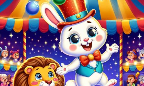 A little rabbit named Binky, with bright white fur and sparkling eyes, wears a shiny top hat and a red bow tie. He stands on a tightrope, beaming with a smile while juggling colorful balls that shine under the circus lights. Next to him, a majestic lioness named Lola, with a golden mane and gentle eyes, enthusiastically applauds, showing her admiration for Binky. She stands on the ground, surrounded by an amazed audience. The setting is a vibrant circus with a large striped red and yellow tent, twinkling lights, and joyful spectators sitting on wooden benches, all captivated by the show. The main scene features Binky juggling multicolored balls while Lola encourages him with a big smile, creating an atmosphere of magic and happiness in the circus.