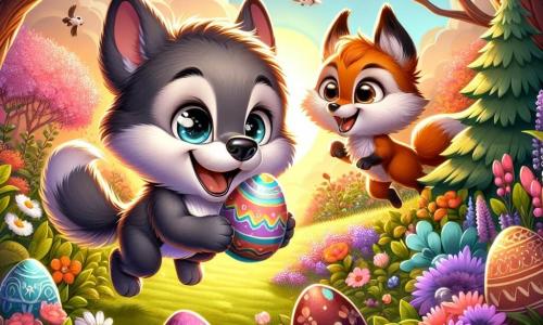 In het midden van de afbeelding springt een kleine wolf met zachte grijze vacht en grote sprankelende ogen van blijdschap, terwijl hij een gekleurd chocolade-ei in zijn pootjes vasthoudt. Naast hem kijkt een ondeugende vos met glanzende rode vacht en een ondeugende glimlach naar een ei dat verstopt is achter een bloeiende struik, met opgewonden ogen. Op de achtergrond is een prachtige lentetuin vol met stralende bloemen, grote groene bomen en een zachte gouden zonlicht van de ondergang die de scène verlicht. De hoofdscène toont de twee vrienden die op jacht zijn naar paaseieren, omringd door gelach en ontdekkingen, terwijl ze hun magische tuin verkennen op zoek naar chocolade verrassingen.