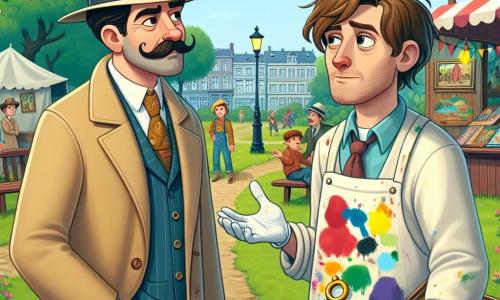 De hoofdpersoon, een man genaamd Max Bontje, is een vriendelijike detective met een goed verzorgde snor en een klassieke detectivehoed. Hij draagt een lange beige jas en houdt een vergrootglas in zijn rechterhand, met een uitdrukking van vastberadenheid en nieuwsgierigheid. Naast hem staat Kees, een man van ongeveer 30 jaar met rommelig bruin haar en een met verf besmeurde schildersschort. Hij kijkt naar Max met een mengeling van nervositeit en opluchting, terwijl hij een sculptuur van de gouden sleutel in zijn handen houdt. De scène speelt zich af in een klein groen park, omringd door bloeiende bomen en houten banken, waar kinderen spelen en gezinnen samenkomen voor het festival. Op de achtergrond is een kleurrijke kraam te zien met ballonnen en pannenkoeken die in de wind wapperen. De belangrijkste situatie toont Max, de detective, die Kees ondervraagt over de mysterieuze verdwijning van de gouden sleutel, terwijl kinderen om hen heen lachen en plezier maken, wat een zowel serieuze als vrolijke sfeer creëert.
