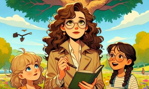 Lila, een jonge detective van ongeveer 25 jaar, staat in het midden van de afbeelding, met krullend bruin haar en ronde bril die haar een intelligente uitstraling geven. Ze draagt een beige trenchcoat en houdt een notitieboekje in één hand, haar gezicht toont een vastberadenheid gemengd met opwinding. Naast haar staat een groep van drie kinderen, twee meisjes en een jongen, tussen de 8 en 10 jaar oud. Het eerste meisje, met gevlochten blond haar, kijkt Lila bewonderend aan, terwijl het tweede meisje, met zwart haar in een paardenstaart, een kleine schep vasthoudt en vrolijk glimlacht. De jongen, met een bril en een gestreept t-shirt, wijst naar een oude kaart die ze hebben gevonden. De scène speelt zich af in een groen park, met een grote, majestueuze oude eik in het midden, waarvan de takken een uitnodigende schaduw bieden. Kleurrijke bloemen omringen het pad, en een klein groepje witte wolken drijft in een heldere blauwe lucht. Lila en de kinderen ontdekken een mysterieuze doos die onder de wortels van de boom is begraven, hun gezichten verlicht door nieuwsgierigheid en opwinding terwijl ze zich voorbereiden om de doos te openen en de geheimen te onthullen die ze bevat.