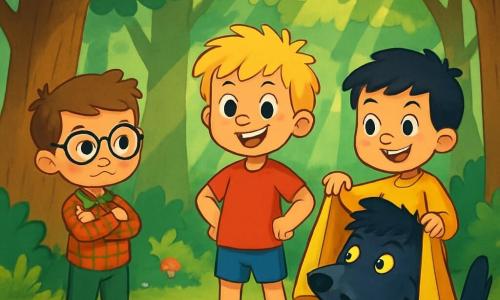 Er zijn 3 personages: Jelte: een 5-jarig jongetje met rommelig blond haar en sprankelende ogen. Hij draagt een rood t-shirt en een blauwe short. Hij staat in het midden, glimlachend en vol moed. Bram: een 5-jarig jongetje met bruin haar en ronde bril. Hij draagt een geruit overhemd en groene broek. Hij staat links van Jelte met zijn armen over elkaar, met een vastberaden uitdrukking. Siem: een 5-jarig jongetje met zwart haar en sproeten. Hij draagt een gele trui en jeans. Hij staat rechts van Jelte en houdt een magische deken vast met een ondeugende blik. De situatie speelt zich af in een dicht bos met grote bomen en heldergroene bladeren. Zonnestralen komen door het loof en creëren lichtvlekken op de met mos bedekte grond. Kleurrijke bloemen en paddenstoelen verstoppen zich tussen de boomwortels. De hoofdscène toont de drie vrienden die geconfronteerd worden met een grote boze wolf met zwart als de nacht en glanzende ogen. De wolf draait verward rond onder een magische deken, terwijl de jongens, verenigd en moedig, klaarstaan om hun avontuur voort te zetten.