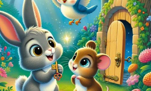 Max, ein kleiner Hase mit großen Ohren und weichem, grauem Fell, schaut mit weit aufgerissenen Augen auf einen kleinen, glänzenden roten Schlüssel, den er in seinen Vorderpfoten hält, sein Gesicht drückt große Neugier und Aufregung aus. Neben ihm steht Mia, eine kleine Maus mit braunem Fell und funkelnden Augen, die auf ihren Hinterbeinen steht, lächelnd und interessiert, während Benny, ein blauer Vogel mit leuchtenden Federn, über ihnen fliegt, mit einem lebhaften und verspielten Blick, bereit zu erkunden. Die Szene spielt in einem verwunschenen Garten, voll von bunten Blumen mit leuchtenden Blütenblättern, großen Bäumen mit grünen Blättern und einer kleinen Holztür, die im Stamm eines Baumes versteckt ist und sowohl geheimnisvoll als auch einladend wirkt. Die drei Freunde entdecken gemeinsam die geheime Tür, und Max, der den Schlüssel hält, bereitet sich darauf vor, ihn ins Schloss zu stecken, während Mia und Benny ihn ungeduldig beobachten, gespannt darauf, was sich dahinter verbirgt.