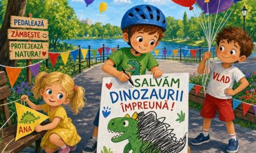 Un băiat de circa 6 ani, față rotundă cu pistrui, păr scurt castaniu, poartă cască albastră și tricou verde cu dinozaur, zâmbește determinat ținând un marker negru și privește un panou mare; lângă el, Vlad, ~6 ani, păr castaniu zburlit, în șort roșu, ține baloane multicolore și încurajează; la stânga, Ana, ~6 ani, păr blond în coadă, poartă rochie galbenă și ține un mic fanion galben, ghemuindu-se lângă o bancă pentru a ajuta la decorat; locul: pistă de bicicletă asfaltată marginată de copaci, un mic lac albastru, bănci și partere cu flori roșii și violete, guirlande și baloane agățate; scena: copiii decorează vesel pista cu baloane, fanioane, desene cu cretă cu dinozauri și biciclete, iar panoul cu dinozaur e parțial reparat; stil: pictură acrilică luminoasă, culori vii, contururi moi, texturi de pensulă vizibile, atmosferă gaiă și dinamică, compoziție centrată pe cei trei copii în acțiune.