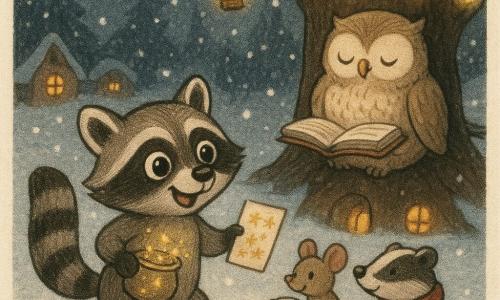 Pico, ein kindlicher, fröhlicher Waschbär mit großen glänzenden Augen, klaren schwarzen und grauen Streifen und ringeliger Schwanz, trägt ein Glas mit funkelnden Sternglitzerpartikeln, eine Papiertüte mit kleinen „plop“-Kügelchen und eine Wunschliste, er tapselt vorwärts und wippt mit dem Schwanz; die Großmutter-Eule Oda, eine runde alte Eule mit weichen beige-braunen Federn, sitzt gelassen auf einem niedrigen Ast und liest lächelnd aus einem großen aufgeschlagenen Buch, umgeben von Laternen-Glühwürmchen; einige Tierfreunde (eine Maus mit dampfender Teetasse, ein Dachs mit rotem Schal) versammelt am Stamm eines hohlen Baums schauen Pico an; Schauplatz: eine verschneite Lichtung mit einem geschmückten hohlen Baum, warm gelb leuchtenden Glühwürmchengirlanden, kleinen Erdhäusern und Nestern mit orangem Licht, fallender Puderzucker-Schnee und winzigen Fußspuren; Anlass: Neujahrsfest im Wald, warme, leuchtende Stimmung, Abschieds- und Vorbereitungsstimmung mit funkelnden Objekten im Vordergrund.