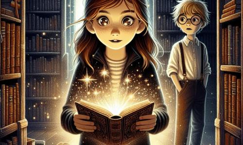 In het midden van de afbeelding staat een 9-jarig meisje, Emma, met lange bruine haren en stralende ogen, die verwonderd naar een oud boek kijkt dat ze in haar handen houdt. Haar gezicht toont een combinatie van opwinding en bezorgdheid, terwijl ze omringd is door een zachte gloed die van het boek uitgaat. Naast haar staat haar vriend Tom, een 9-jarig jongetje met messy blond haar en ronde bril, die met een nieuwsgierige maar bezorgde uitdrukking kijkt. Hij staat iets op de achtergrond met zijn handen in zijn broekzakken, alsof hij aarzelt om dichterbij te komen. De achtergrond is een oude bibliotheek met donkere houten planken vol stofboeken. Spinrag schittert in de hoeken en gedempt licht valt door een vieze raam, wat een mysterieuze en iets angstaanjagende sfeer creëert. De hoofdscène toont Emma die een mysterieuze boek ontdekt dat oplicht, terwijl schaduwen om hen heen dansen, alsof de bibliotheek zelf tot leven komt, wat een vleugje magie en mysterie aan de sfeer toevoegt.
